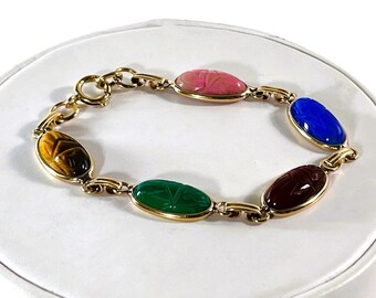 Vintage 1950's Van Dell™ 12K Gold Filled Scarab Bracelet, 5 Carved Gemstones Scarabs 16X10mm. Coral. Tiger's Eye,  7.5" L. Free US Shipping