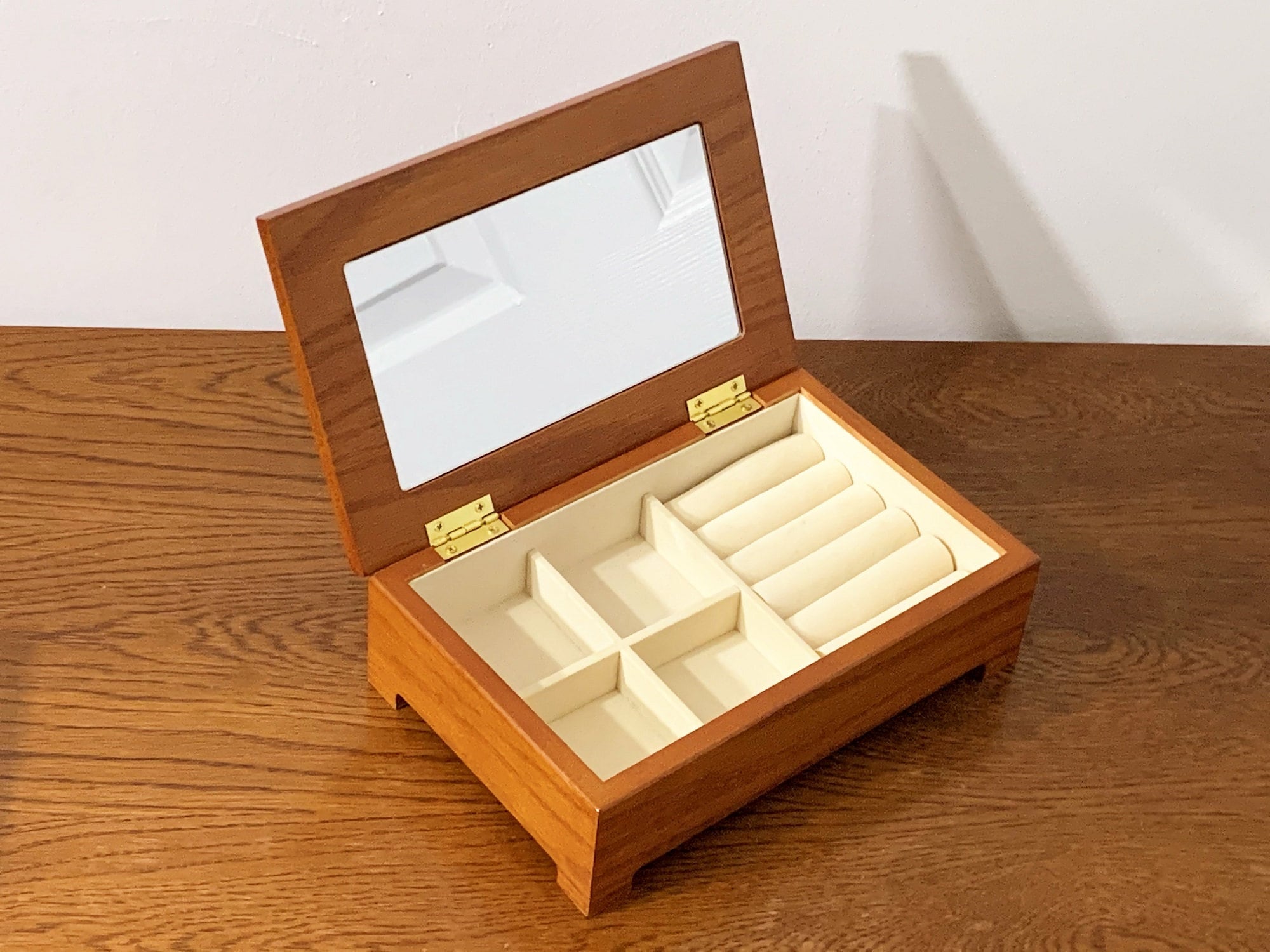 Solid Oak Small Jewelry Box, Hinged Lid With Mirror on the Inside