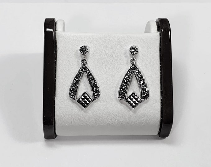 Vintage Sterling Silver Marcasite Victorian Dangle Earrings, 1.5" - 36mm Long, Round & Square Marcasite. 6 Grams, Polished, Free US Shipping