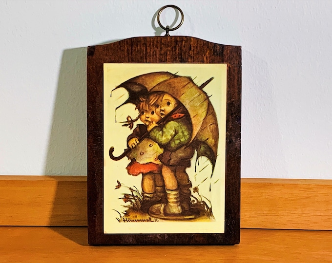 Vintage Hummel 36 Wood Wall Art Plaque, ' Rain Children with Umbrella' Signed, 7.25" T. 5.25" W. Re-Stained. Free US Shipping.