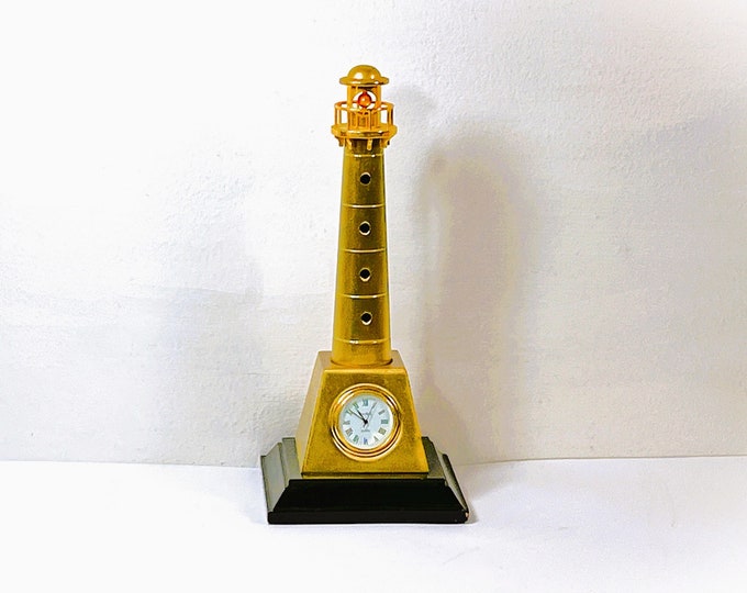Vintage Bey-Berk® Lighthouse Tower Clock, Gold Finish, Wood Base, 9" T. 4" B. 1.5" Clock, Serviced & Works Perfect. Free US Shipping.