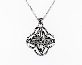 Sterling Silver Marcasite Hand Crafted Cross Necklace, Unique Filigree Work, 1 3/8" L. 1" W, 18" Sterling Fine Chain. Free US Shipping.