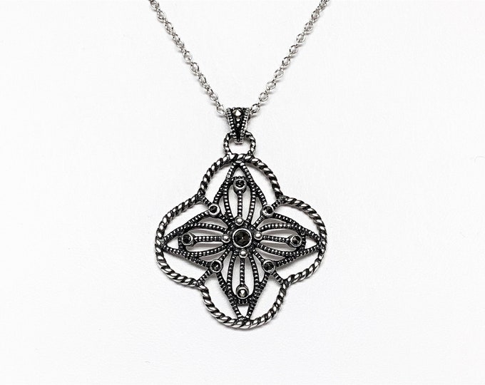 Sterling Silver Marcasite Hand Crafted Cross Necklace, Unique Filigree Work, 1 3/8" L. 1" W, 18" Sterling Fine Chain. Free US Shipping.