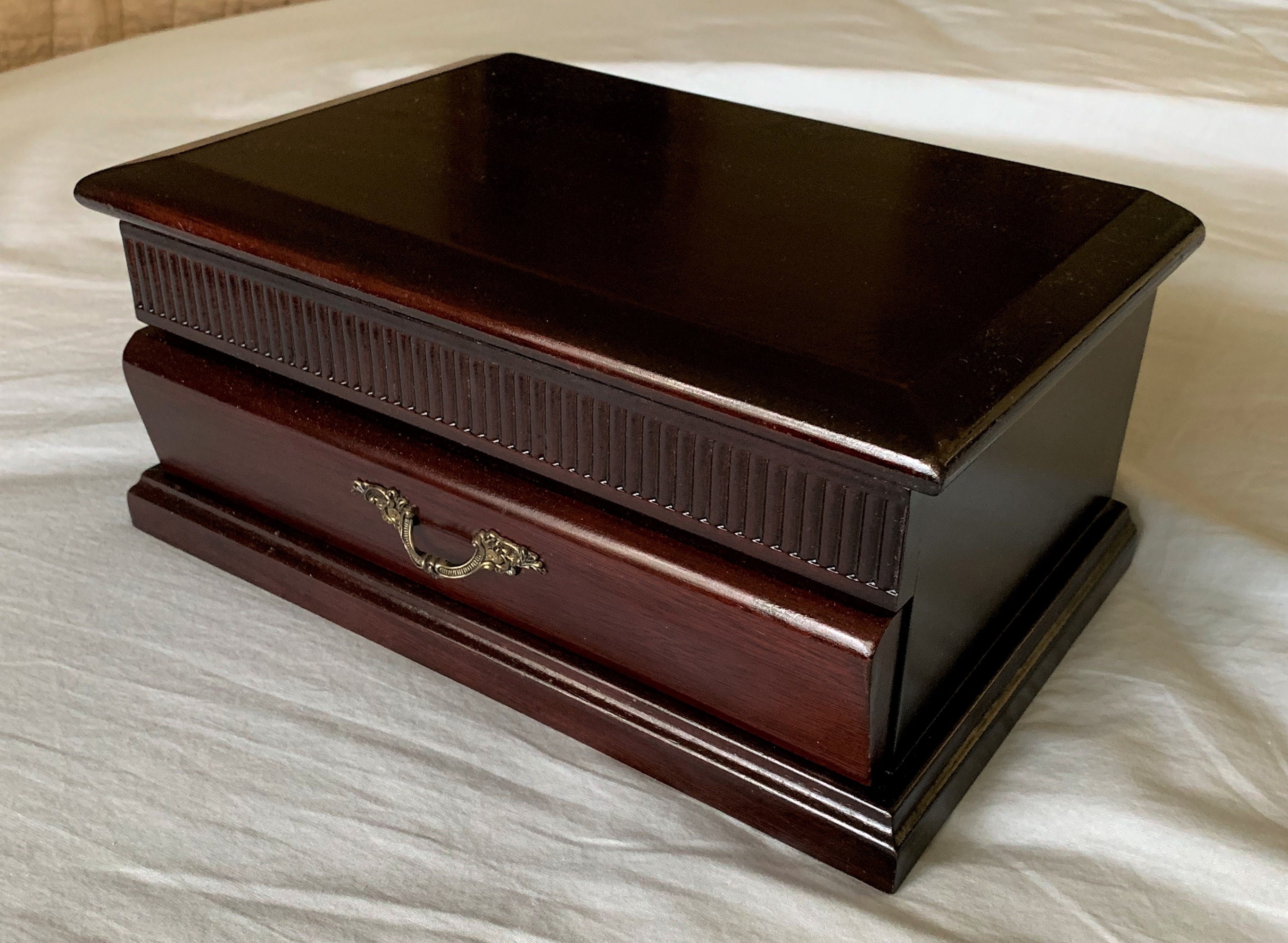 Vintage Fine Wood Jewelry Box Storage, Large Mirror, Padded Drawer