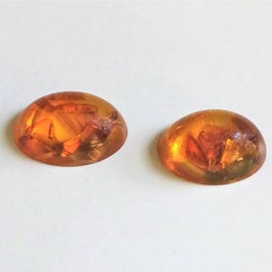 May include: Two oval-shaped amber cabochons with inclusions of insects. The amber is a warm, honey color and the insects are visible within the stone.