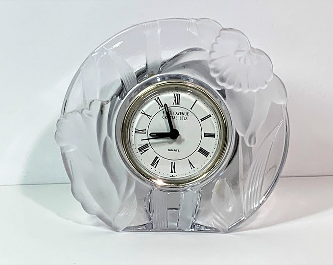 Fifth Avenue Crystal Ltd Clock, Japan Handcrafted Crystal, Taiwan Quartz Movement, Floral Clear & Frosted. 6" W. 5.5" T. Free US Shipping.