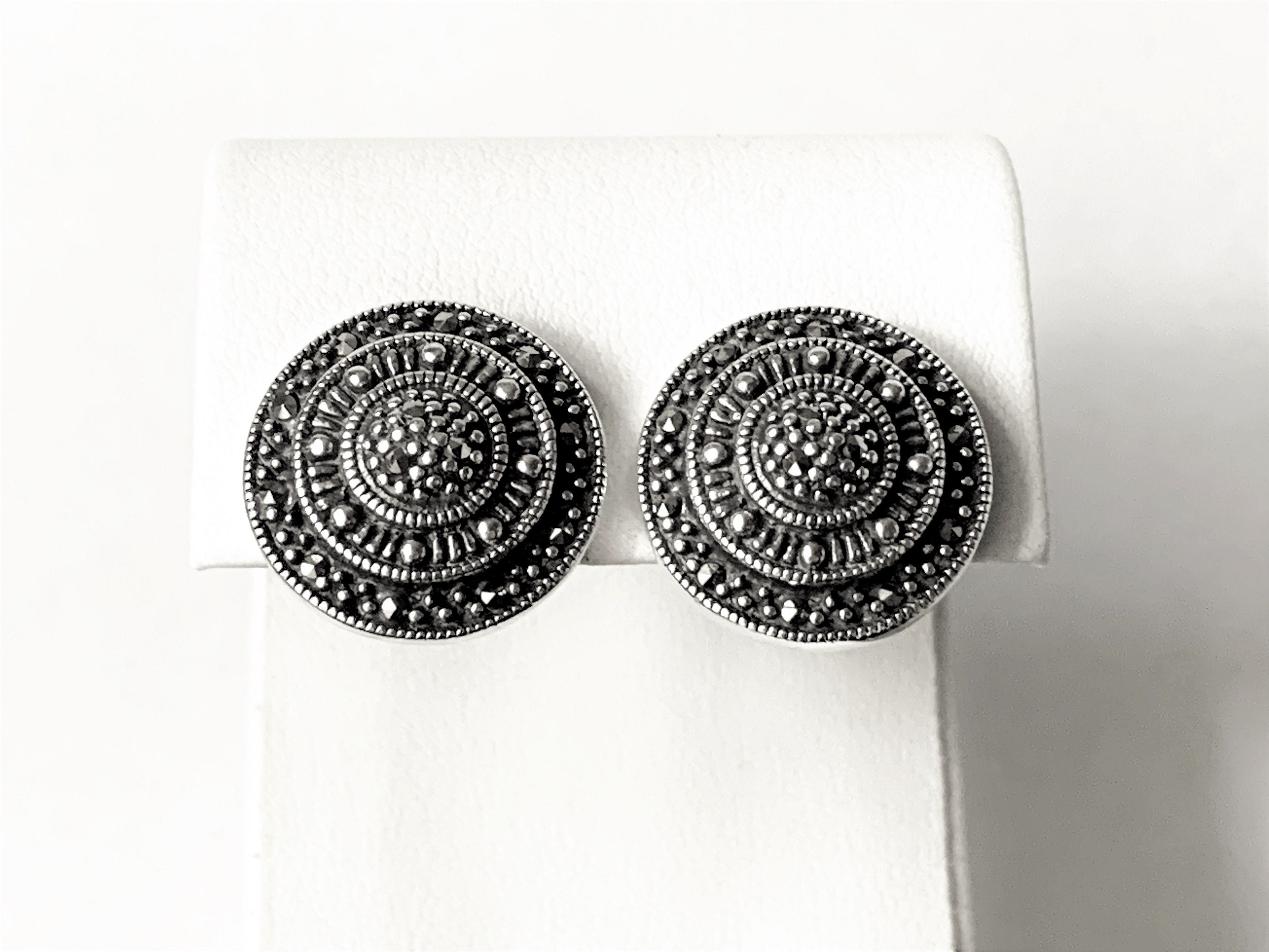 Vintage Sterling Silver Marcasite Cluster Round Earrings, 17 mm ...
