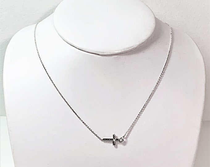 Dyadema .925 Italy Horizontal Cross Necklace, Simple Tiny and Beautiful, 18" Long - Adjustable Fine Rolo Chain. Free US Shipping.