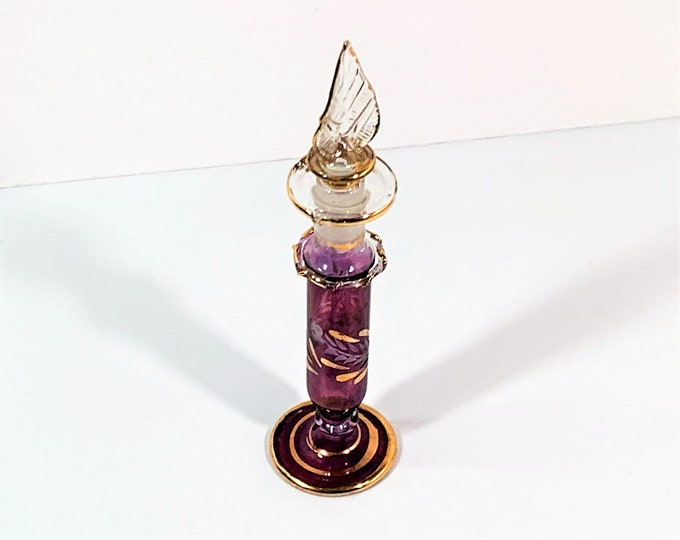 Vintage Egyptian Hand Made - Blown Glass Perfume Bottle, Etched Floral Design, Magenta & Gold Leaf, Stands 14 cm - 5.5", 1.25" Base.