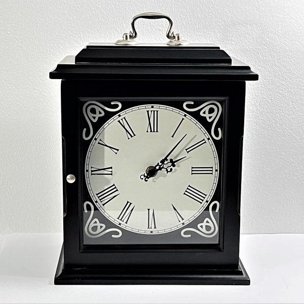 Solid Wood Carriage Clock W/ Jewelry Cabinet, Colonial Style Dial, Black W/ Chrome Handles, 3 Wide Drawers, 12" T. 9" W. Free US Shipping.