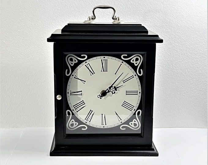 Solid Wood Carriage Clock W/ Jewelry Cabinet, Colonial Style Dial, Black W/ Chrome Handles, 3 Wide Drawers, 12" T. 9" W. Free US Shipping.