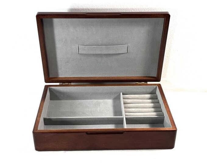 Vintage Mahogany Solid Wood & Veneers Jewelry Box, 12" Wide, 3" High. 7.5" Long. Ring Section, 3 Compartments, Restored, Free US Shipping