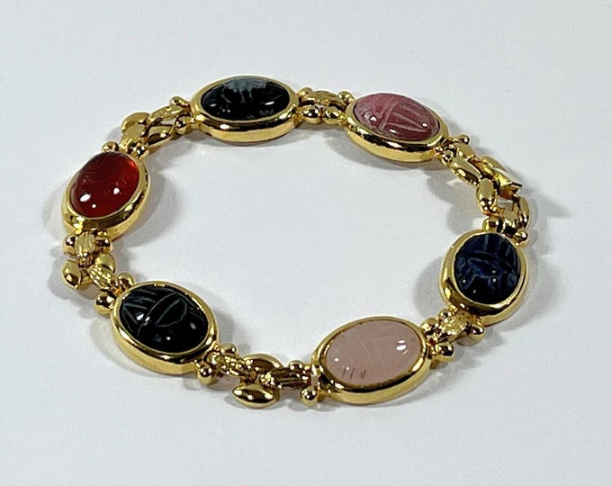 VTG Gemstone Scarab Bracelet, 6 Scarabs 14X10mm, Lapis, Rhodonite, Onyx, Carnelian Etc. Gold Tone, Fold Clasp, 7.5" L. Free US Shipping.