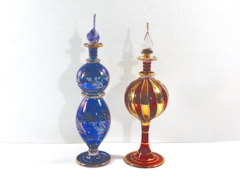 Vintage Set of Two Egyptian Hand Made - Blown Glass Perfume Bottles, Etched & Raised Patterns, Gold Leaf Accents, 9.5" T. Free US Shipping.