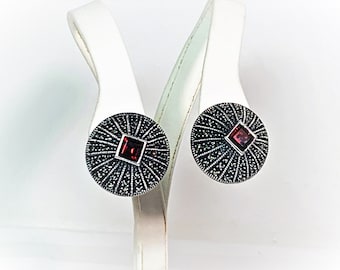 VTG Judith Jack Large Sterling Silver Marcasite & Rhodolite Garnet Earrings, Omega Backs, 6mm Garnet, Domed 23mm Diameter, Free US Shipping.
