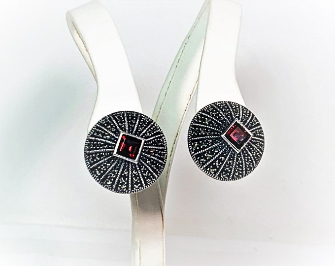 VTG Judith Jack Large Sterling Silver Marcasite & Rhodolite Garnet Earrings, Omega Backs, 6mm Garnet, Domed 23mm Diameter, Free US Shipping.