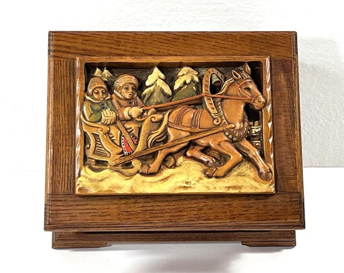 Antique Reuge® Switzerland Carved Wood Music Box. Tune: "Dr. Zhivago". 3D Horse Sleigh Top. 6.5" W. 5.25" L. Restored, Free US Shipping