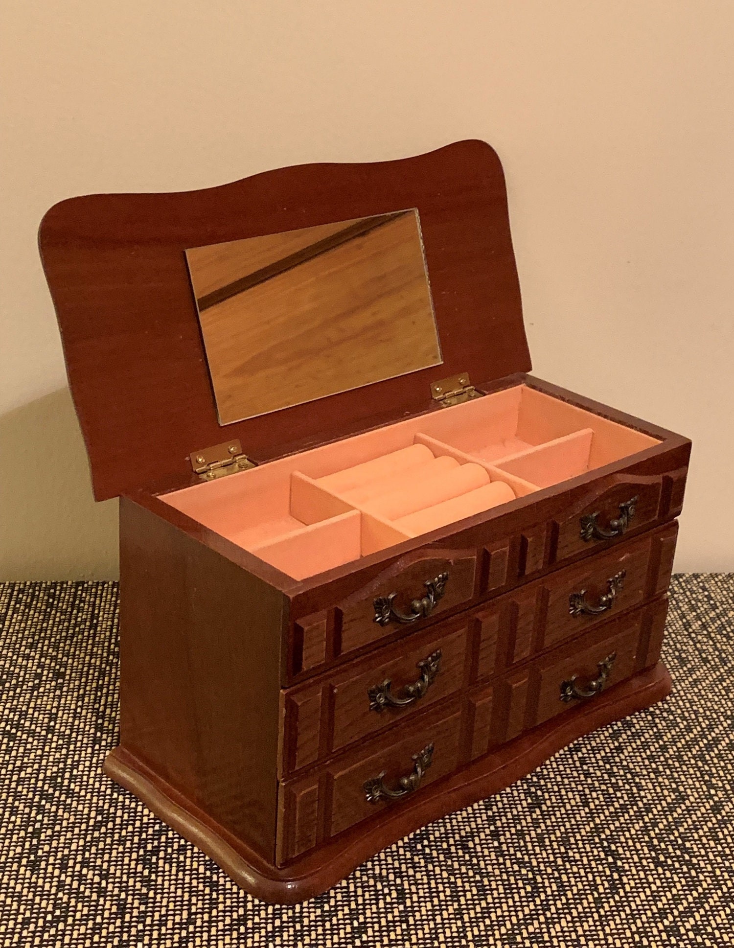 Vintage Solid Wood Jewelry Box,Hand Crafted, Mirror, Padded