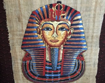 Vintage Hand Painted Egyptian Papyrus, King Tutankhamun Gold Mask, 17X13 inch, 3D impression. Free US Shipping.