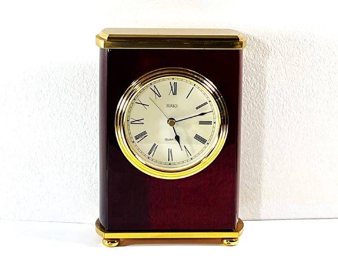 Vintage Henry Birks® Solid Brass & Mahogany Gloss Mantel Clock, Precision Quartz, Serviced, 7" T. 5" W. Classy Clock. Free US Shipping.
