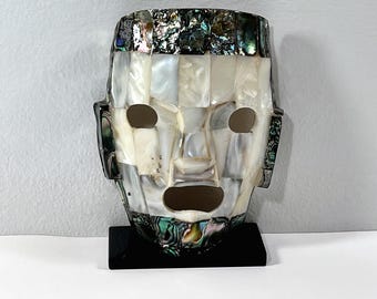 Vintage Mayan Aztec Inca Gemstone Burial Face Mask, Mosaic Abalone & Mother of Pearl. 6.5" T. 5" W. Mexico. Free US Shipping.
