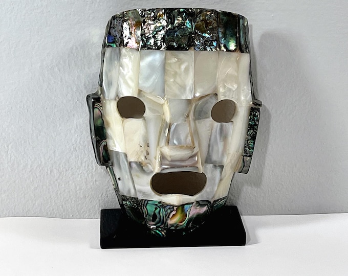 Vintage Mayan Aztec Inca Gemstone Burial Face Mask, Mosaic Abalone & Mother of Pearl. 6.5" T. 5" W. Mexico. Free US Shipping.