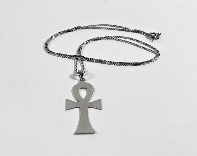 Sterling Silver Egyptian Ankh Necklace, Eternal Life Symbol, Hi Polish Mirror Finish, 2" L. 1" W. 23" Sterling Box Chain. Free US Shipping.