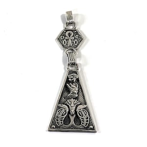 Vintage Sterling Silver Large Egyptian Ritual Pendant, 3D Raised Ancient Symbols, 3.25&quot; L. Handmade in Egypt, 12.80 Grams. Free us shipping