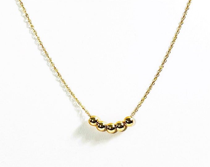 14K Yellow Gold Delicate Beads Necklace, Five Polished 4mm Beads. 18" Double Link Chain, Unique Clasp. 1.20 Grams. Free US Shipping. Nice.