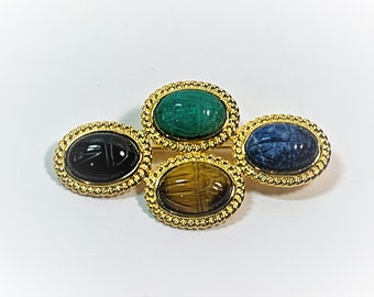 Vintage Gemstone Scarab Brooch, 4 Large Scarabs 18X13mm, Gold Tone, Tiger's Eye, Onyx, Sodalite & Agate. 2 3/4" Long, Free US Shipping.