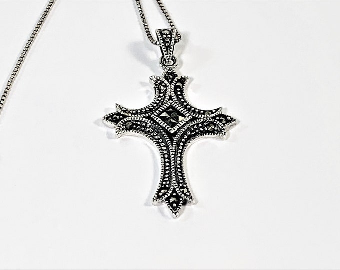 Vintage Sterling Silver & Marcasite Victorian Cross 1.75" Long, 16" Sterling Box Chain. Beautifully Handcrafted. 5.50 Gram. Free US Shipping