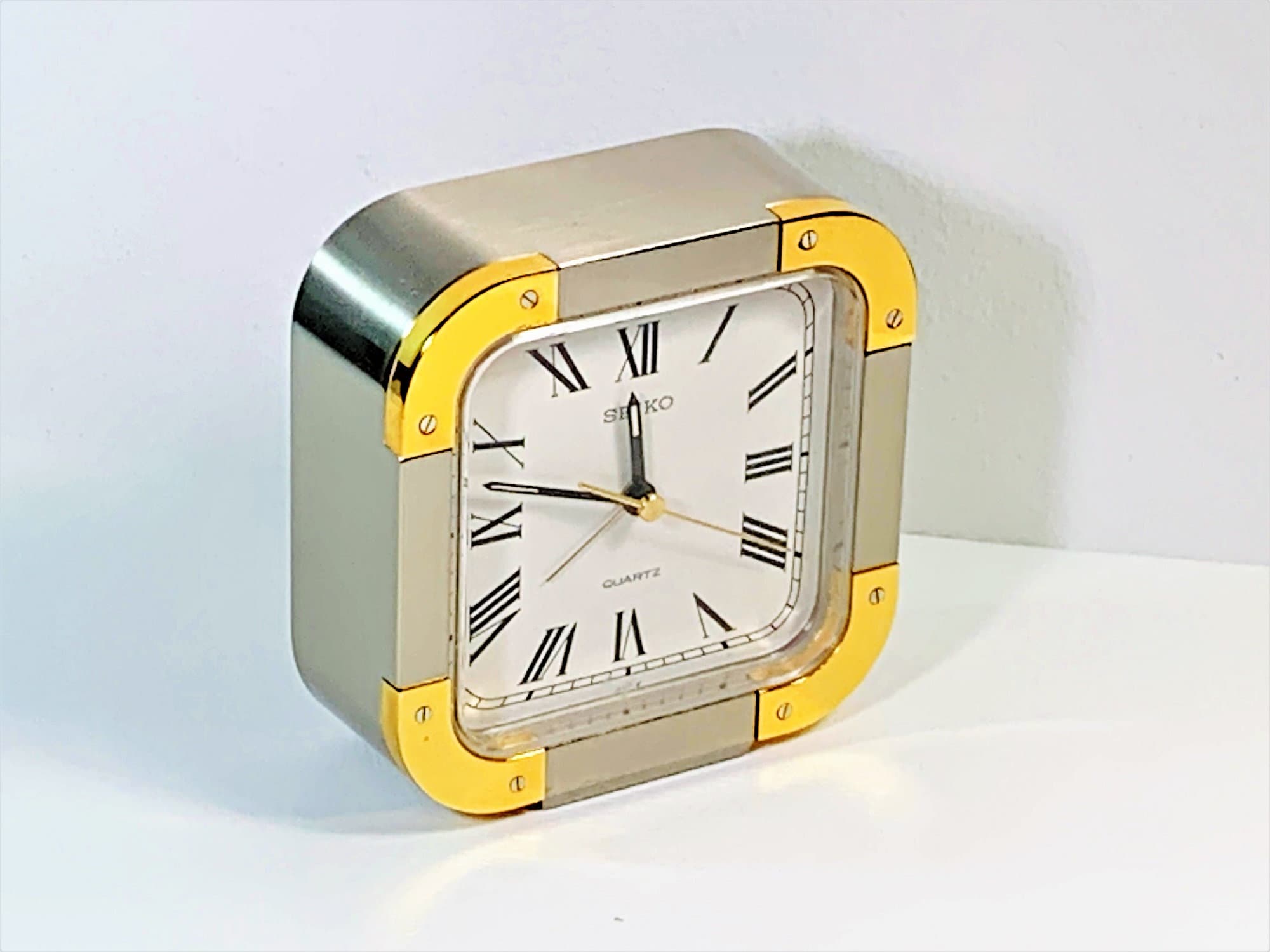 Seiko Japan Alarm Clock, Polished Brass & Brushed Steel, Model QP275S