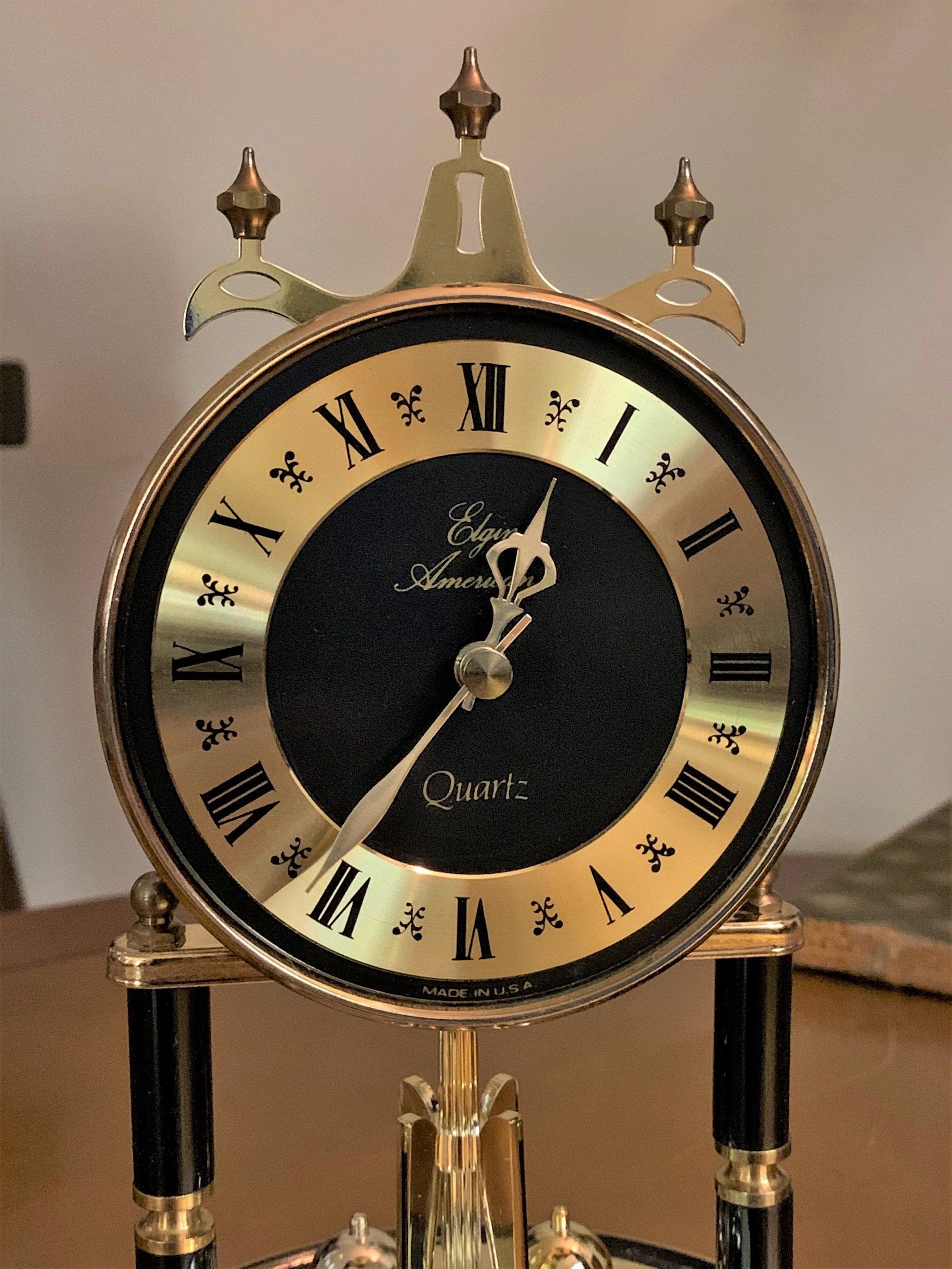 Elgin Anniversary Clock, Glass Dome, Revolving Pendulum, Black Enamel