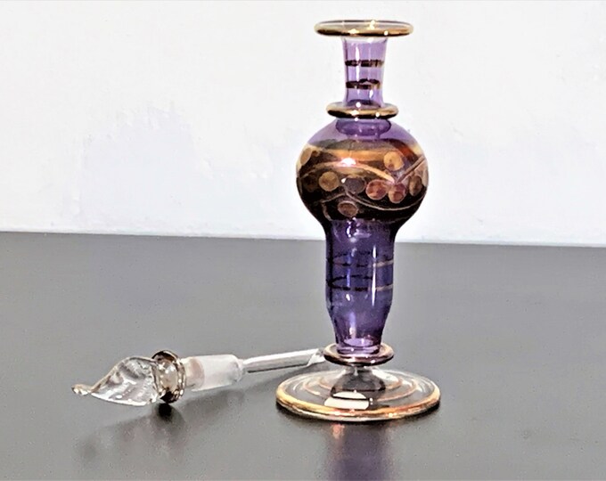 Vintage EGYPTIAN Hand Blown Glass Perfume Bottle, Etched Pattern Accented with Purple, Blue and Gold, Stands  15 cm - 6", Free US Shipping