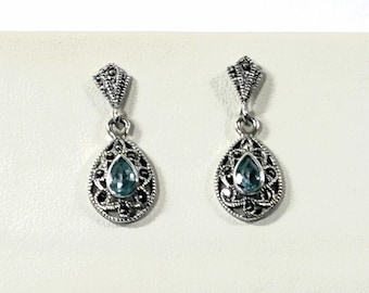 Vintage Sterling Silver Marcasite & Blue Topaz Dangle Earrings,  Pear Shape Topaz 7X5mm. 1.25" Long. Refinished, Free US Shipping.
