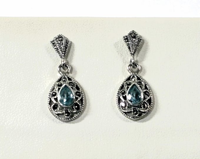Vintage Sterling Silver Marcasite & Blue Topaz Dangle Earrings,  Pear Shape Topaz 7X5mm. 1.25" Long. Refinished, Free US Shipping.