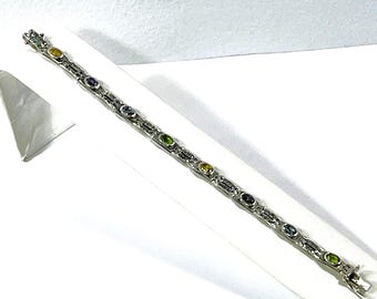 Vintage Sterling Silver Marcasite and Multi Gemstone Bracelet, 8 Oval Natural Faceted Gems 7X5mm, 7.5" L. 17  Grams, Free US Shipping
