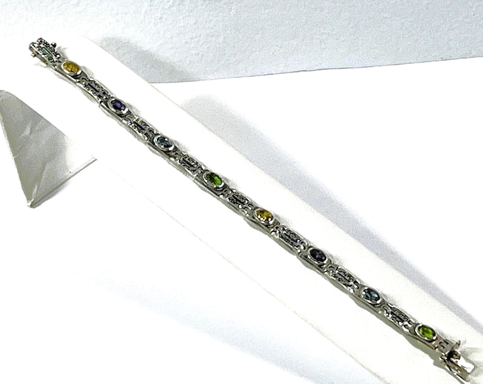 Vintage Sterling Silver Marcasite and Multi Gemstone Bracelet, 8 Oval Natural Faceted Gems 7X5mm, 7.5" L. 17  Grams, Free US Shipping