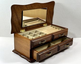 Vintage Centurion® Louisville Walnut Wood Jewelry Box, Lid W/ Mirror, Padded Sections, Drawer, 10.5" W. 5" L. Restored. Free US Shipping