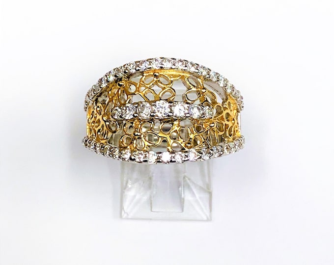 Sterling Silver Handcrafted Statement Ring, Filigree Top, Gold Accents, Rhodium, Round Diamond Cut CZ, Size 7, Free US Shipping
