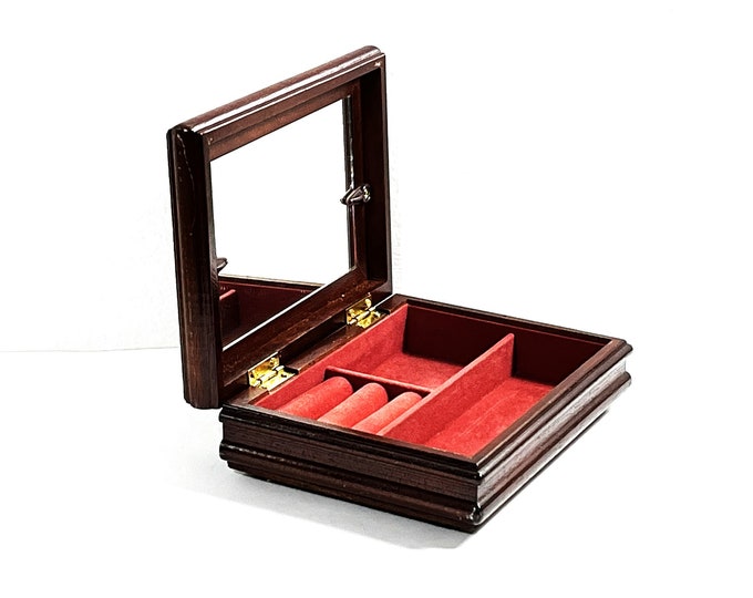 Vintage Croft & Barrow Mahogany Wood Small Jewelry Box, Glass Picture Frame, Mirror, Padded Sections, 7" W. 5.25" L. Free US Shipping