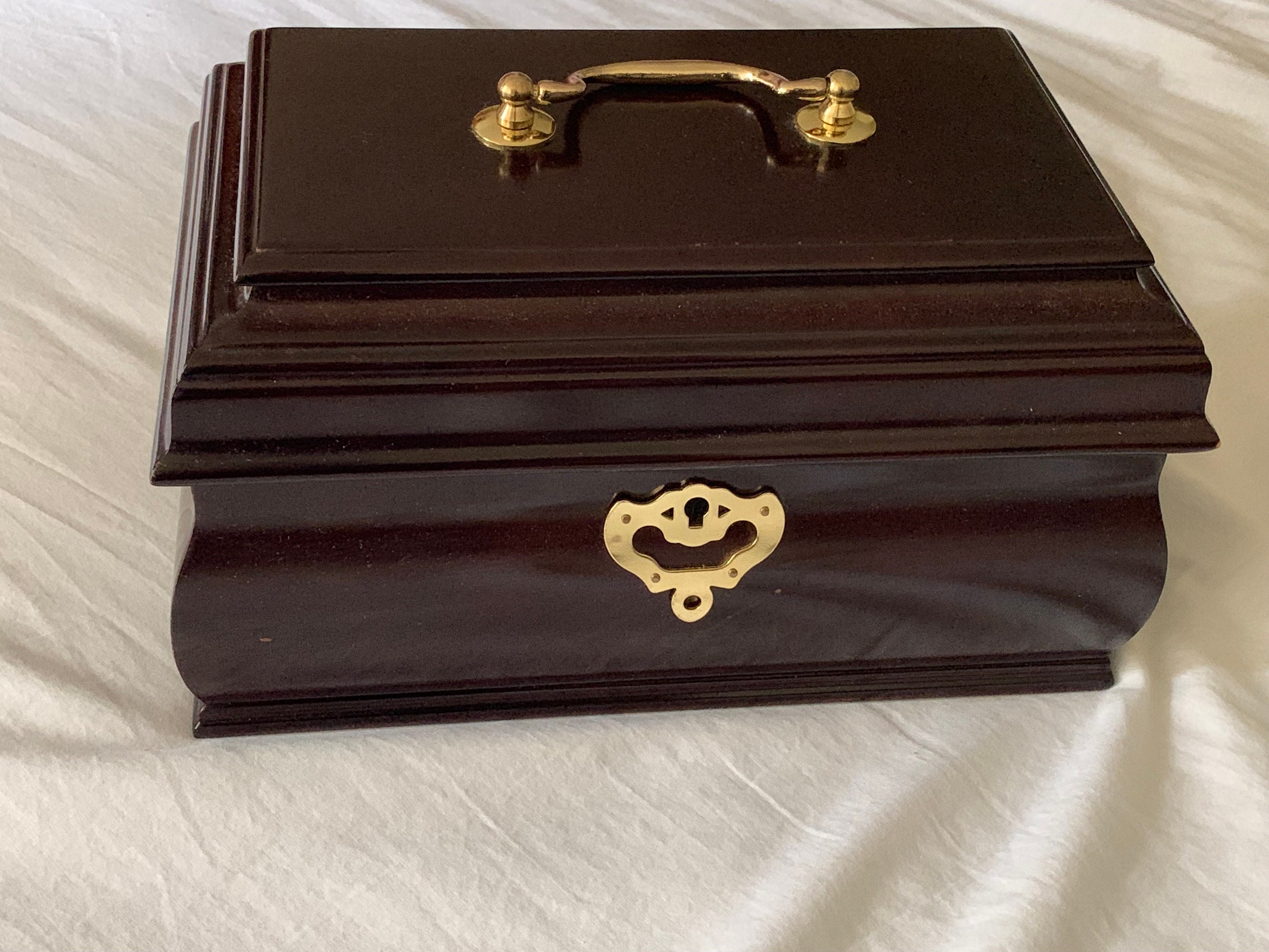 Vintage Solid Wood Fancy Jewelry Box, Key Lock, Movable Tray, Brass