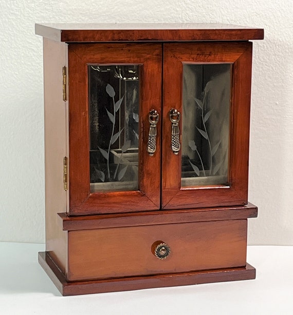 Vintage Solid Wood Small Jewelry Armoire 9 T. 7 W Floral Glass