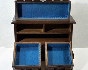 Vintage Carved Rosewood Musical Jewelry Chest, Plays "Edelweiss", 4 Padded Drawers, 10.5" W. 7" H. Japan, Restored, Free US Shipping.