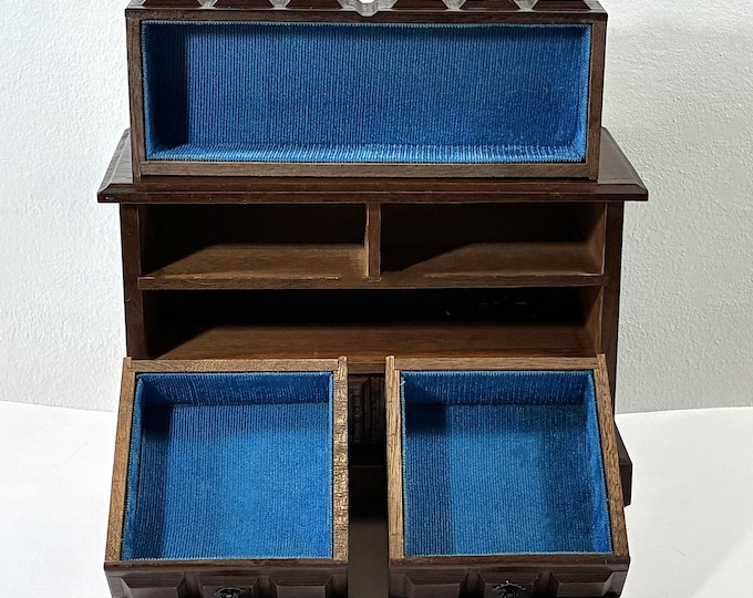 Vintage Carved Rosewood Musical Jewelry Chest, Plays "Edelweiss", 4 Padded Drawers, 10.5" W. 7" H. Japan, Restored, Free US Shipping.
