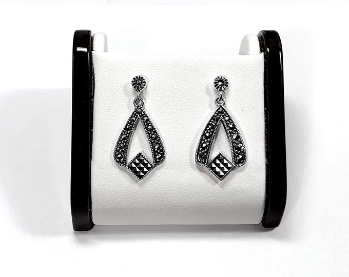 Vintage Sterling Silver Marcasite Victorian Dangle Earrings, 1.5" - 36mm Long, Round & Square Marcasite. 6 Grams, Polished, Free US Shipping