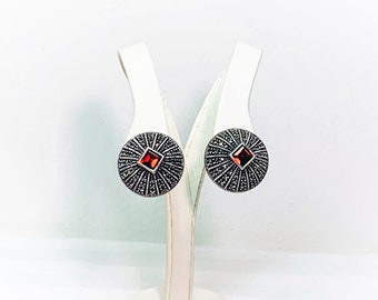 VTG Judith Jack Large Sterling Silver Marcasite & Rhodolite Garnet Earrings, Omega Backs, 6mm Garnet, Domed 23mm Diameter, Free US Shipping.