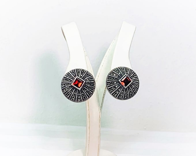VTG Judith Jack Large Sterling Silver Marcasite & Rhodolite Garnet Earrings, Omega Backs, 6mm Garnet, Domed 23mm Diameter, Free US Shipping.