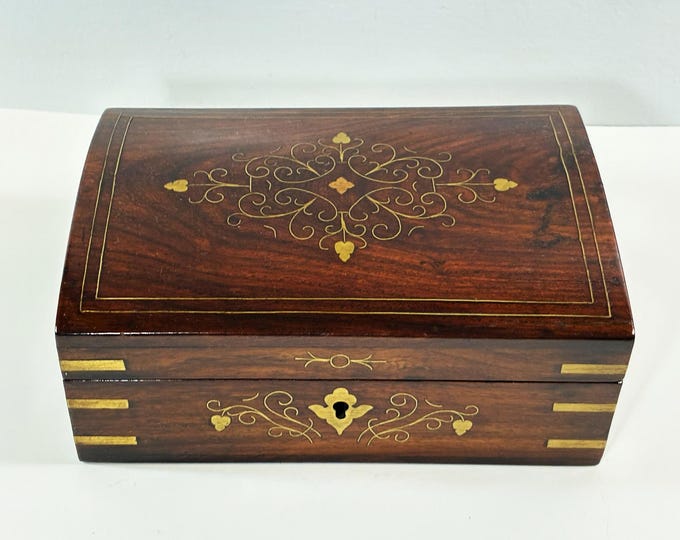 Antique Carved Fine Wood Treasure Jewelry Box, Inlaid Brass Patterns, Velvet Lining, Key Lock, Movable Tray. Restored. Free US Shipping.