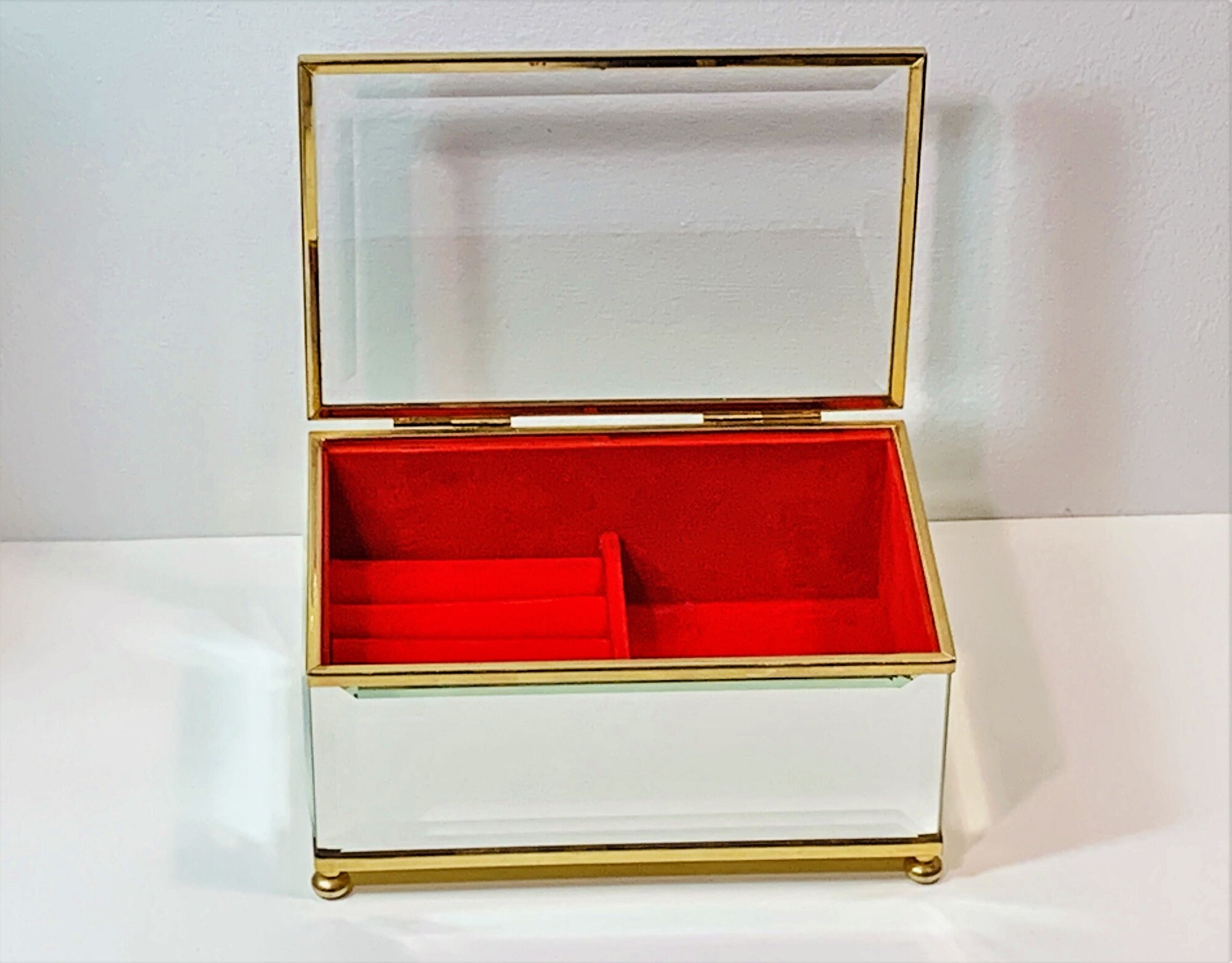 Beautiful Jewelry Box, Mirrors Glass Red Velvet & Brass Frame